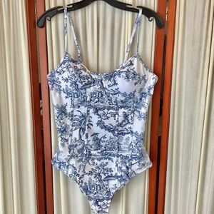 Tolie Corset One Piece Swimsuit Womens size L Blue White Country Scene